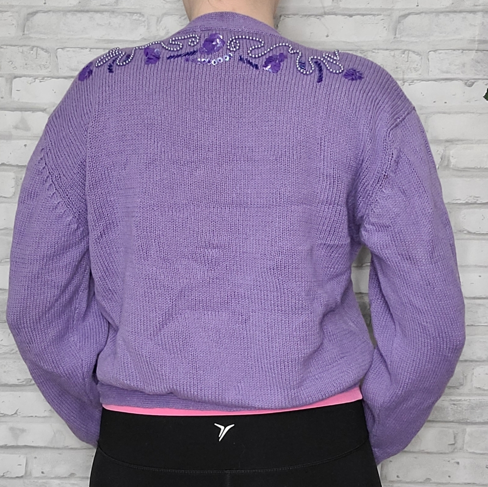 Vintage Purple Beaded Sequin Knit Cardigan Grandmacore - Picture 2 of 12